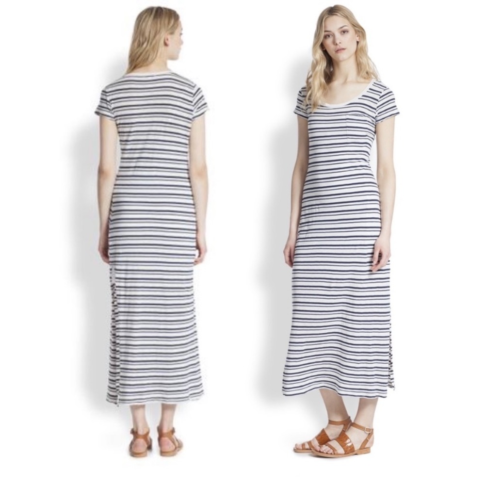 Splendid cotton maxi dress white navy blue stripe, T-shirt cap sleeve NEW NWT